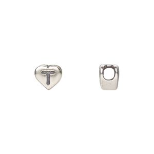 Bead, sterling silver, 7.5x7mm heart with alphabet letter "T." Sold individually.