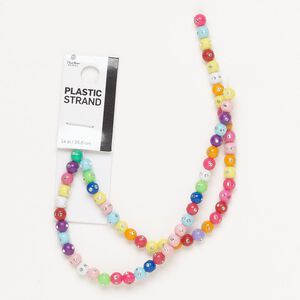 Bead, plastic, mixed colors, 5-6mm round. Sold per 14-inch strand, approximately 65 beads.