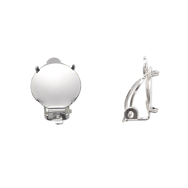 Earring, clip-on, silver-plated brass and steel, 13mm round flat pad with 12mm 4-prong round setting. Sold per pkg of 10 pairs. image number 0