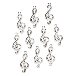 Charm, steel, pkg/10, 22x9mm treble clef, silver finish.