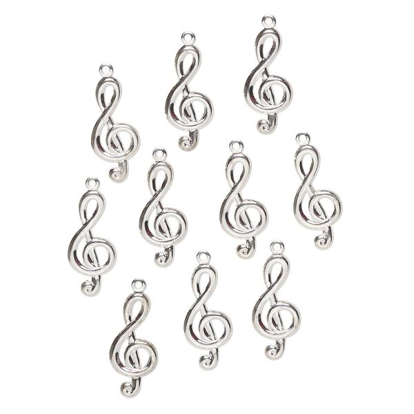 Charm, steel, pkg/10, 22x9mm treble clef, silver finish. image number 0