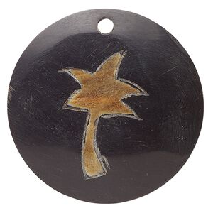 Focal, horn (dyed), black and brown with palm design, 49mm round. Sold individually.