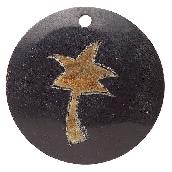 Focal, horn (dyed), black and brown with palm design, 49mm round. Sold individually. image number 0