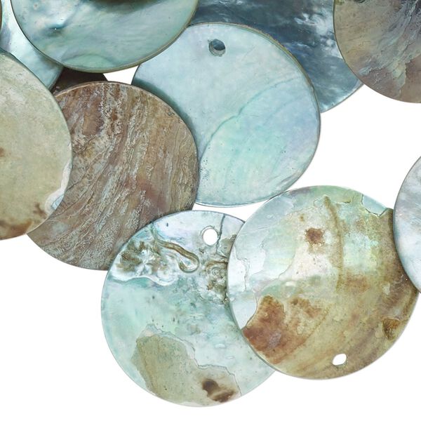 Drop, mussel shell (dyed / coated), blue, 20mm flat round. Sold per pkg of 25. image number 0