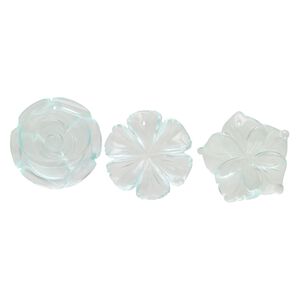 Focal mix, glass, transparent light blue, 33x40mm-40x40mm top-drilled carved flower. Sold per pkg of 3.