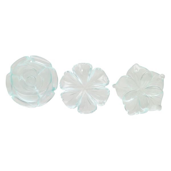 Focal mix, glass, transparent light blue, 33x40mm-40x40mm top-drilled carved flower. Sold per pkg of 3. image number 0