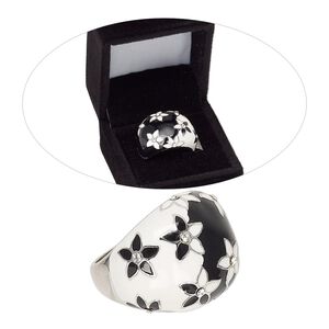 Ring, cubic zirconia / enamel / rhodium-finished brass, clear / white / black, 20mm wide with flowers design, size 8. Sold individually.