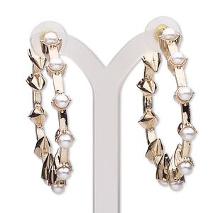 Earring, acrylic pearl / stainless steel / gold-finished "pewter" (zinc-based alloy), white, 49mm round hoop. Sold per pair.