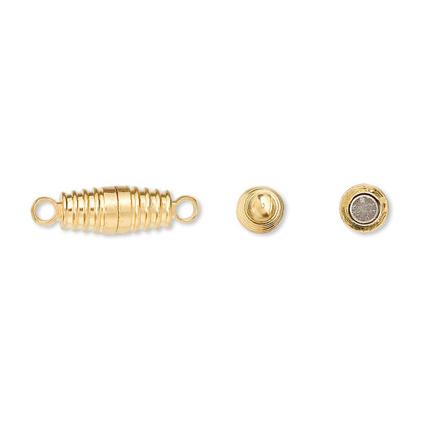 Clasp, magnetic, gold-finished brass, 11x5mm ribbed oval. Sold per pkg of 10. image number 0