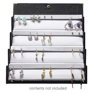 Folding jewelry case, earring and bracelet, leatherette, black and white, 10-1/4 x 3-1/4 x 3-1/4 inches with front snap closure. Sold individually.
