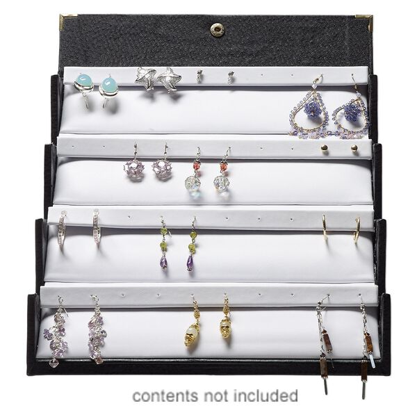 Folding jewelry case, earring and bracelet, leatherette, black and white, 10-1/4 x 3-1/4 x 3-1/4 inches with front snap closure. Sold individually. image number 0