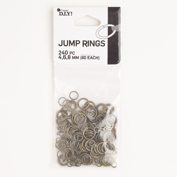 Jump ring assortment steel 240pk 4mm 6mm 8mm open round, 2.4-6.2mm inside diameter 21 gauge 18 gauge, antique brass finish image number 0