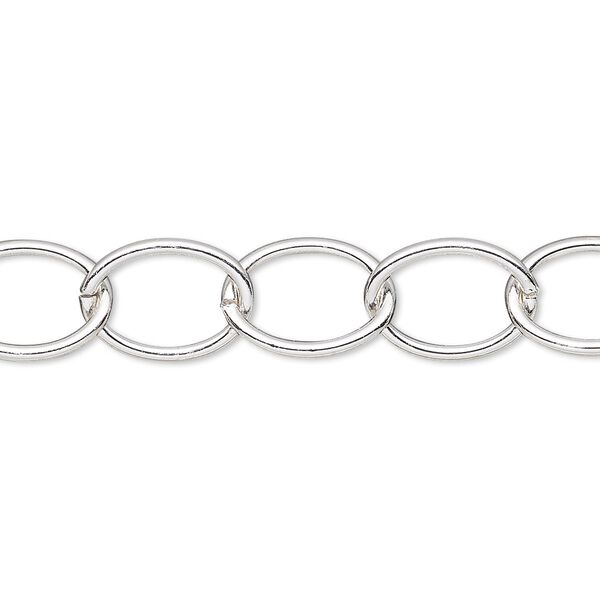 Chain, silver-plated steel, 10mm oval cable. Sold per pkg of 5 feet. image number 0