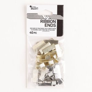 Crimp 1pkg40 steel, 6x5mm / 16x6mm textured rectangle ribbon crimp end, assortment gold finish / silver finish