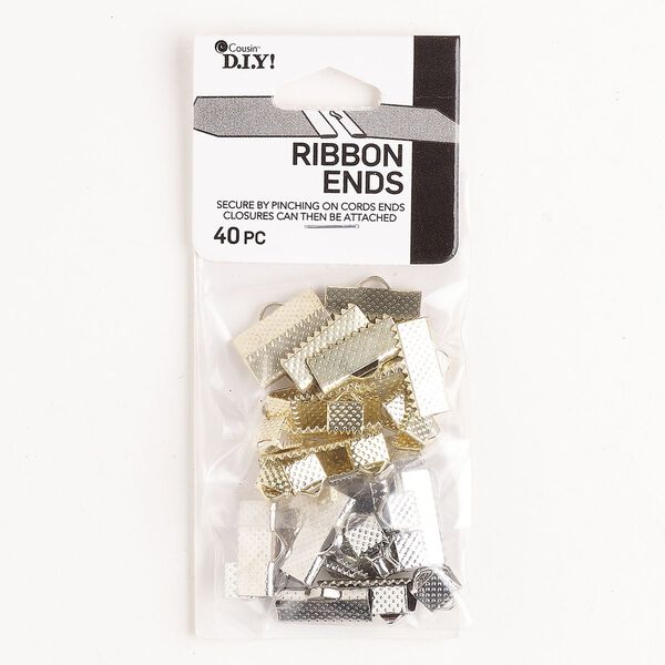 Crimp 1pkg40 steel, 6x5mm / 16x6mm textured rectangle ribbon crimp end, assortment gold finish / silver finish image number 0