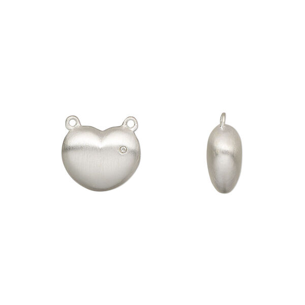 Connector, cubic zirconia and brushed sterling silver, clear, 11x9mm single-sided puffed heart. Sold individually. image number 0