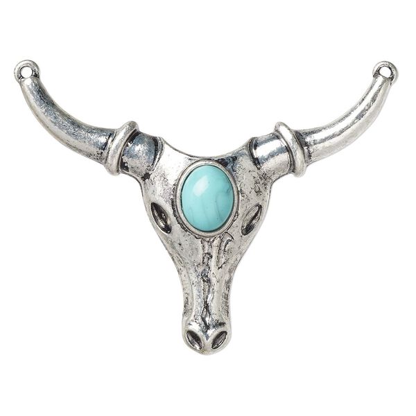 Focal, "turquoise" (resin) (imitation) and antiqued "pewter" (zinc-based alloy), blue, 57x43mm single-sided steer skull with 2 loops. Sold individually. image number 0