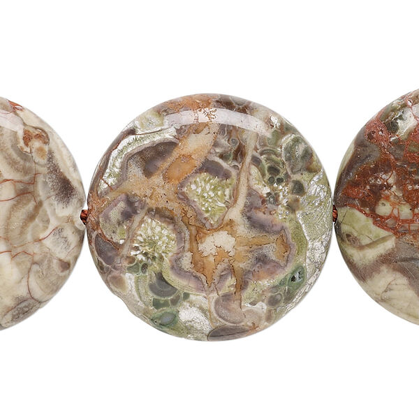 Bead, rainbow rhyolite (natural), 25mm flat round, B grade, Mohs hardness 6-1/2 to 7. Sold per 8-inch strand. image number 0
