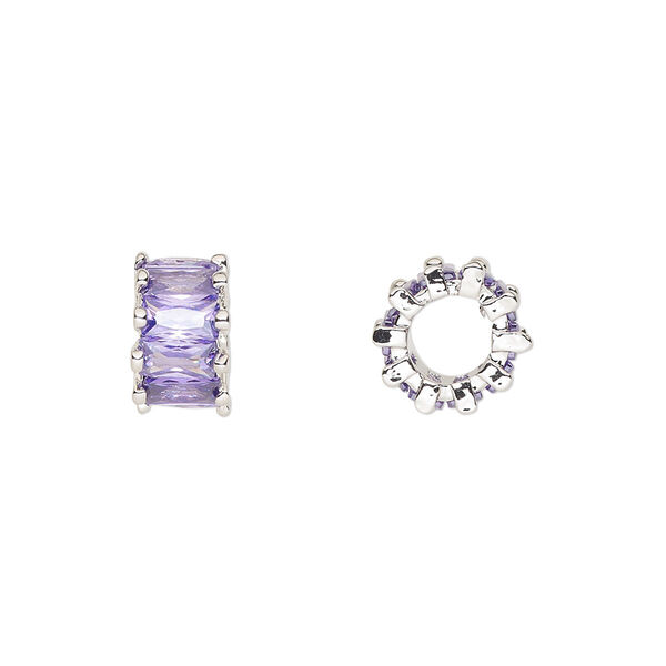 Bead, cubic zirconia and silver-plated brass, amethyst, 10.5x6mm rondelle. Sold per pkg of 2. image number 0