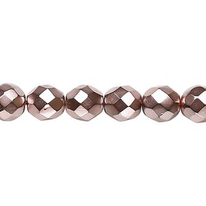 Bead, Czech fire-polished glass, opaque copper carmen, 8mm faceted round. Sold per 15-1/2" to 16" strand.