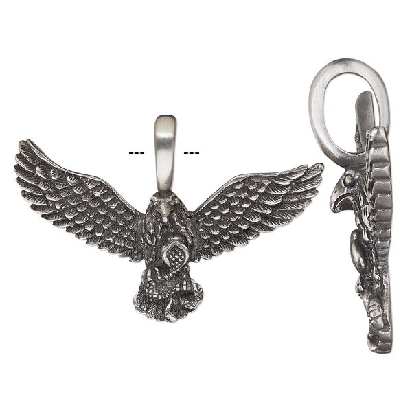 Pendant, antiqued pewter (tin-based alloy), 58x39mm single-sided eagle with snake. Sold individually. image number 0