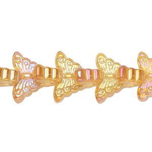 Bead, pressed glass, translucent orange AB, 15 x 8mm butterfly. Sold per 8-inch strand, approximately 35 beads.