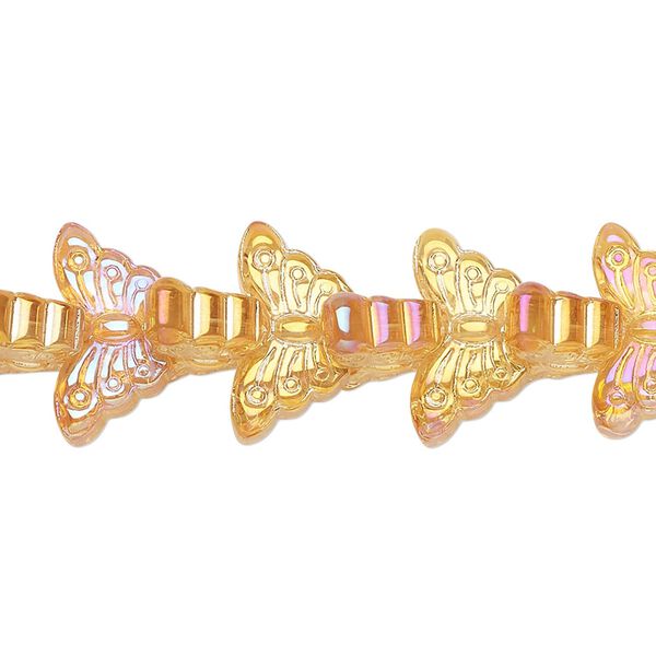 Bead, pressed glass, translucent orange AB, 15 x 8mm butterfly. Sold per 8-inch strand, approximately 35 beads. image number 0