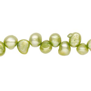Pearl, cultured freshwater (dyed), fern green, 6-8mm top-drilled flat-sided potato with 0.4-0.5mm hole, D grade, Mohs hardness 2-1/2 to 4. Sold per 14-inch strand.