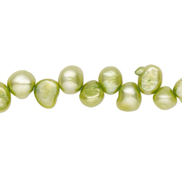 Pearl, cultured freshwater (dyed), fern green, 6-8mm top-drilled flat-sided potato with 0.4-0.5mm hole, D grade, Mohs hardness 2-1/2 to 4. Sold per 14-inch strand. image number 0