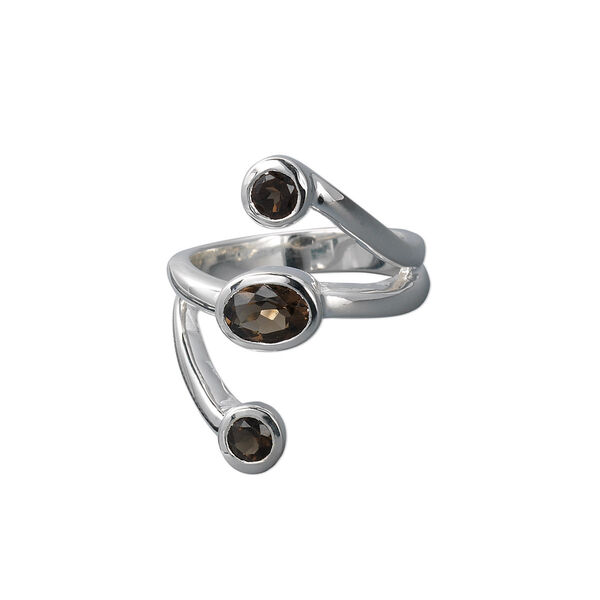 Ring, sterling silver and smoky quartz (heated / irradiated), 4mm round, 7x5mm oval, size 7. Sold individually. image number 0