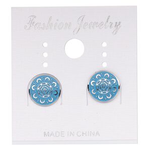 Earstud, stainless steel, blue patina, 10mm round with sunflower design and comfort clutch. Sold per pair.