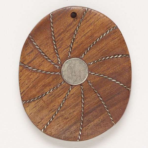Focal, copper and wood (dyed), pkg/1, 48x38mm-49x41mm top-drilled flat oval with twisted wire inlay and flat back, antique silver finish. image number 0