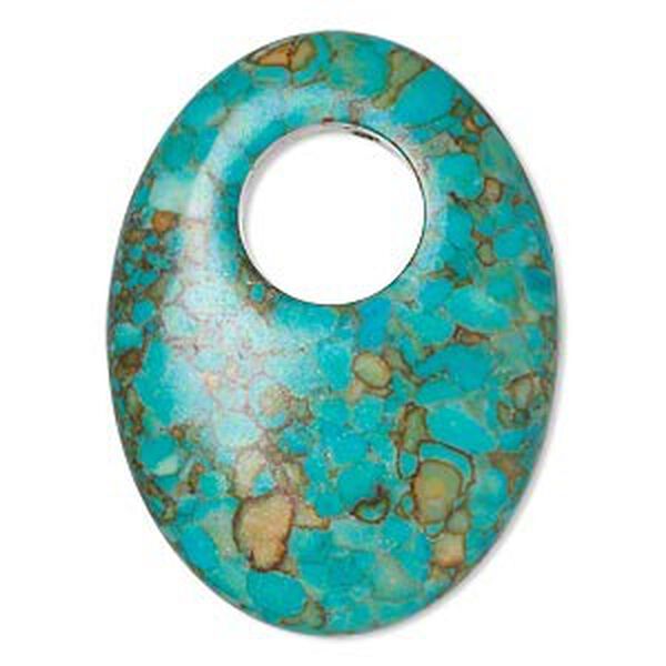 Focal, mosaic "turquoise" (magnesite) (dyed / assembled), blue, 40x30mm oval go-go with 12mm hole, B grade, Mohs hardness 3-1/2 to 4. Sold per pkg of 2. image number 0