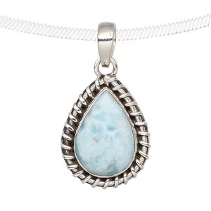 Pendant, larimar (natural) and antiqued sterling silver, 22x16mm-25x19mm teardrop with wire-wrapped rim. Sold individually.