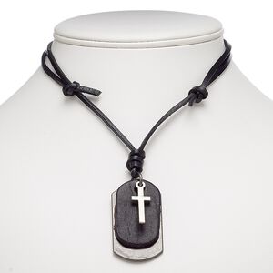 Necklace, leather (dyed) with gunmetal-plated steel and "pewter" (zinc-based alloy), black, 49x28mm dog tag with cross, adjustable up to 26 inches with knot closure. Sold individually.