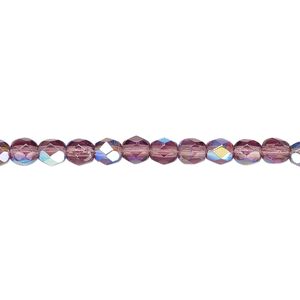 Bead, Czech fire-polished glass, amethyst purple AB, 4mm faceted round. Sold per 15-1/2" to 16" strand.