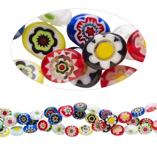 Bead mix, millefiori glass, opaque to transparent multicolored, 10x8mm flat oval with 0.6-0.8mm hole. Sold per pkg of (3) 14-inch strands. image number 0