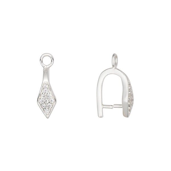 Bail, ice-pick, sterling silver and cubic zirconia, clear, 12x5mm diamond 7mm grip length. Sold individually. image number 0