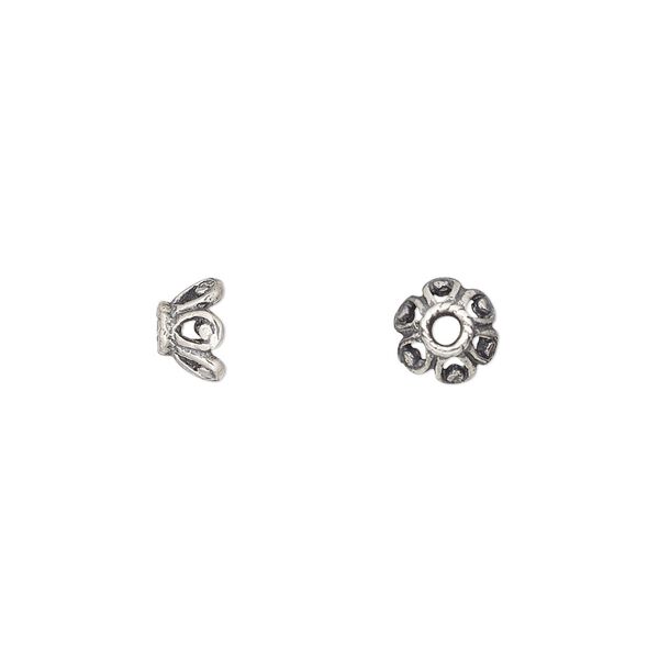 Bead cap, antiqued sterling silver, 6x4mm round with rope, fits 6-8mm bead. Sold per pkg of 4. image number 0