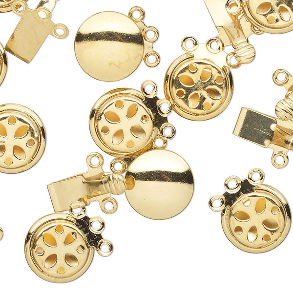 Clasp, 3-strand tab, gold-finished brass, 10mm round. Sold per pkg of 10. image number 0