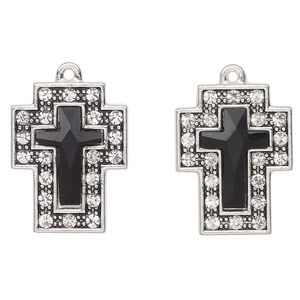 Drop, antique silver-finished "pewter" (zinc-based alloy) and glass, clear and black, 23x17mm cross. Sold per pkg of 2.