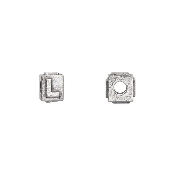 Bead, antiqued pewter (tin-based alloy), 8x6mm rectangle with alphabet letter "L". Sold per pkg of 4. image number 0