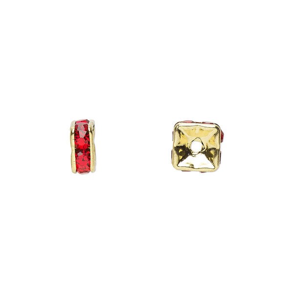 Bead, glass rhinestone and gold-finished brass, red, 6x3mm squaredelle. Sold per pkg of 10. image number 0