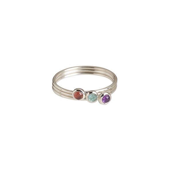 Ring, amethyst / garnet / apatite / (natural) / sterling silver, 4.5mm wide, size 9. Sold per 3-piece set. image number 0
