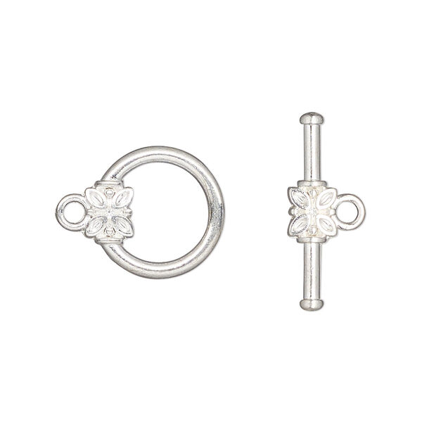 Clasp, toggle, silver-finished "pewter" (zinc-based alloy), 12.5mm round with flower and ribbed design. Sold per pkg of 10. image number 0