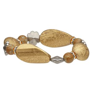 Bracelet, stretch, acrylic with gold- and silver-coated plastic, yellow, 18mm wide with twisted flat oval, 6-1/2 inches. Sold individually.