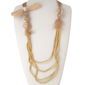 Necklace, 4-strand, organza / glass / acrylic, tan and white, 36 inches with 2-inch extender chain and lobster claw clasp. Sold individually.