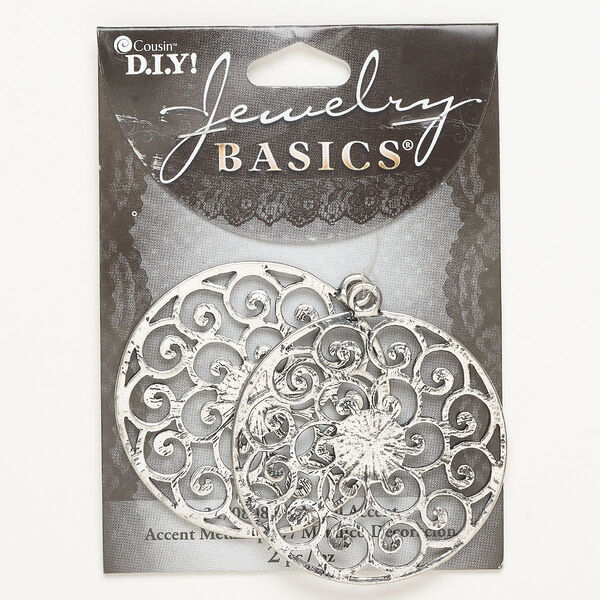 Focal, "pewter" (zinc-based alloy), pkg/2, antique silver finish, 48mm fancy round. image number 0