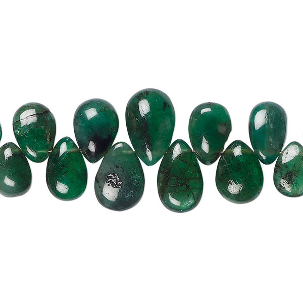 Bead, emerald (oiled), 5x3mm-9x6mm hand-cut top-drilled graduated puffed teardrop, C+ grade, Mohs hardness 7-1/2 to 8. Sold per 4-inch strand, approximately 25 beads. image number 0