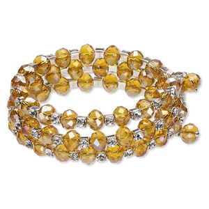 Bracelet, glass rhinestone / glass / silver-plated steel memory wire, honey AB and clear, 22mm wide with rondelle, 6-1/2 inch adjustable. Sold individually.